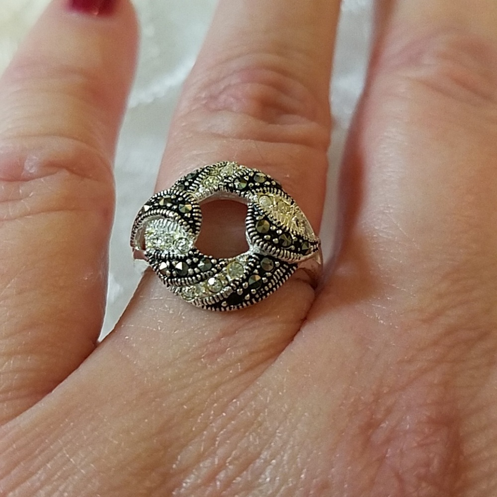 Black White Sterling Marcasite Ring